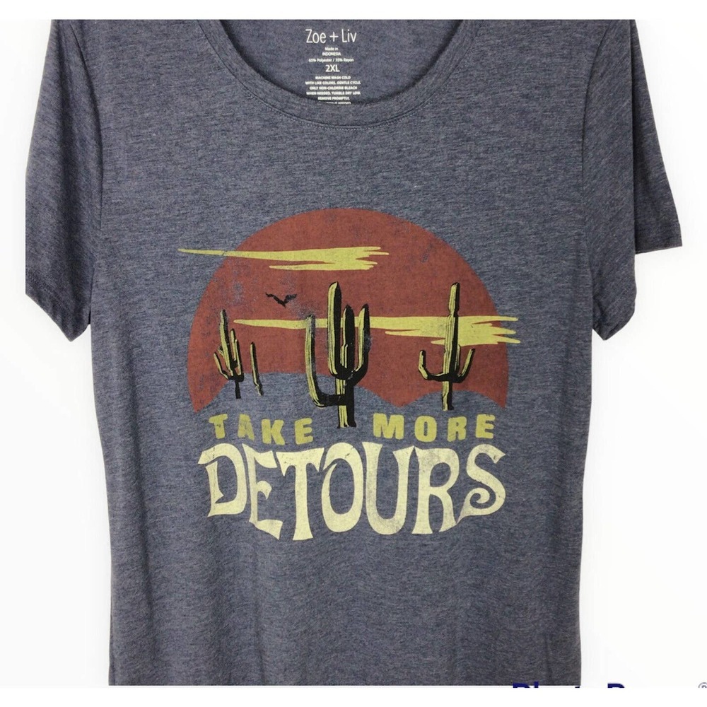 Zoe + Liv Take More Detours Graphic Shirt Blue Cactus Womens Size 2XL - Picture 2 of 5